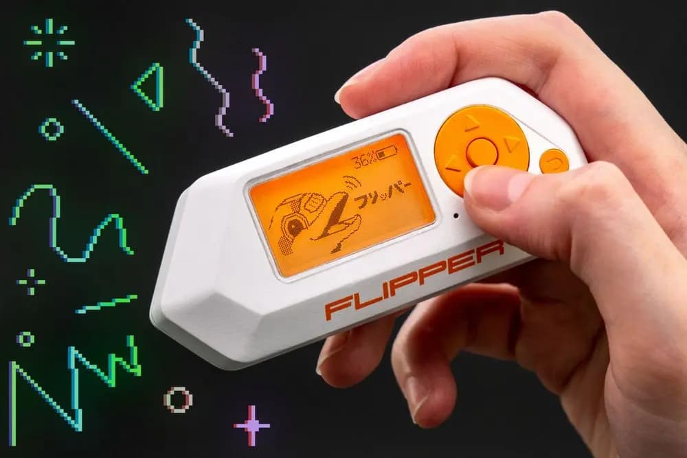 Flipper Zero with pixelated neon lines radiating from it. Image by Flipper Devices.